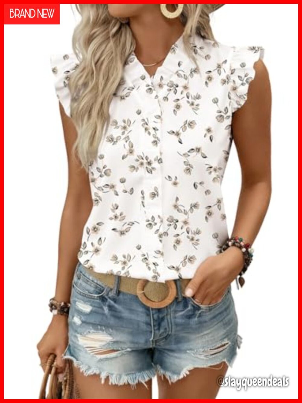 Womens Floral Chiffon Blouse V Neck Ruffle Sleeve Tank Top